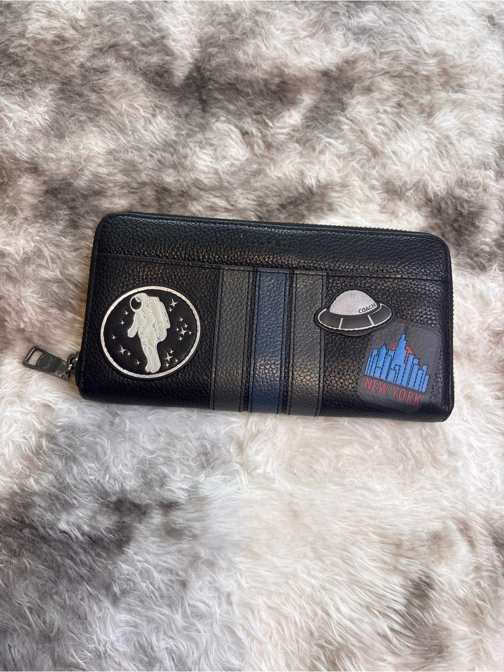 Rare Coach Black Leather Zip-Around Wallet with Space Patch Accents